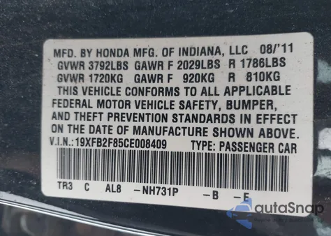 2012 Honda Civic Ex from USA, damaged, VIN 19XFB2F85CE008409